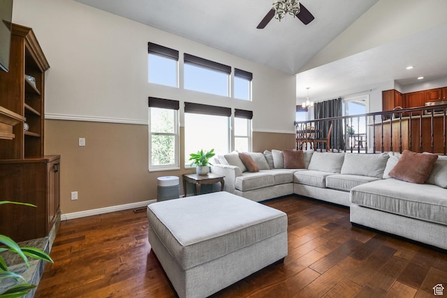 10128 S 2460 E, Sandy, UT 84092 - living room with a ceiling fan, a chandelier, dark wood finished floors, high vaulted ceiling, and recessed lighting