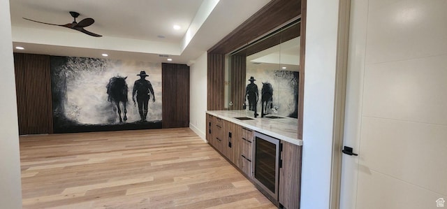 101 Crestview Cir, Park City, UT 84098 - community bar area featuring wine cooler, a ceiling fan, light wood finished floors, recessed lighting, and baseboards