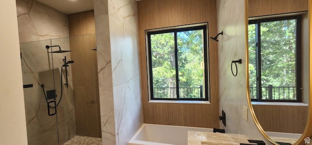 101 Crestview Cir, Park City, UT 84098 - bathroom with a marble finish shower, plenty of natural light, and a tub to relax in