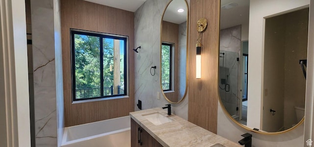 101 Crestview Cir, Park City, UT 84098 - full bathroom featuring double vanity, a bathtub, and a marble finish shower