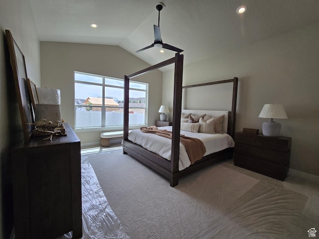 3577 W Haven Hollow Dr S, South Jordan, UT 84095 - bedroom featuring carpet flooring, vaulted ceiling, a ceiling fan, recessed lighting, and baseboards
