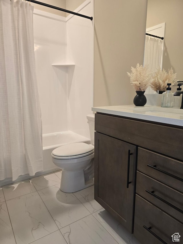 3577 W Haven Hollow Dr S, South Jordan, UT 84095 - bathroom with vanity, toilet, shower / tub combo, and marble finish flooring