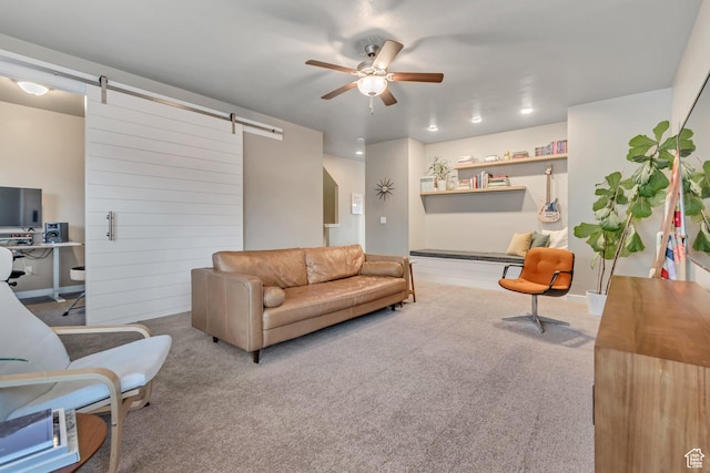 1791 W 60 S, Pleasant Grove, UT 84062 - living area with a barn door, ceiling fan, and carpet