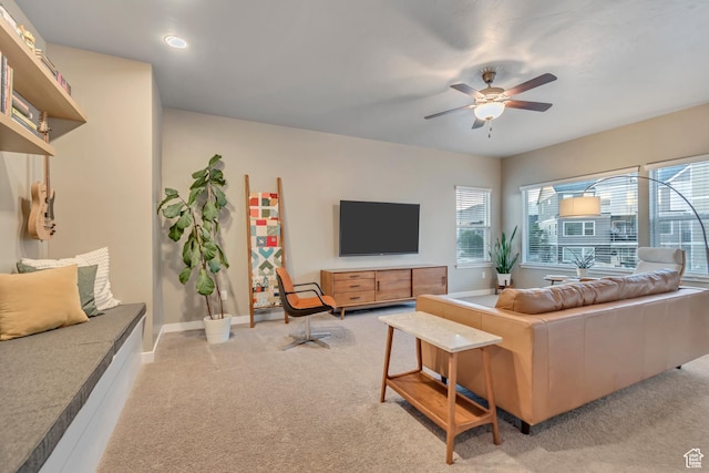 1791 W 60 S, Pleasant Grove, UT 84062 - living room featuring light carpet, a ceiling fan, baseboards, and recessed lighting