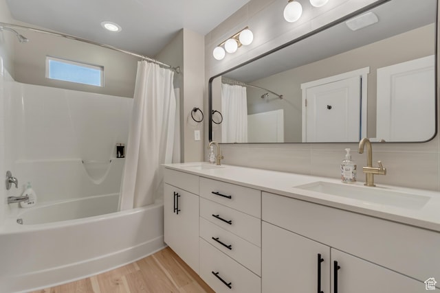 1791 W 60 S, Pleasant Grove, UT 84062 - bathroom with shower / tub combo, double vanity, wood finished floors, and recessed lighting