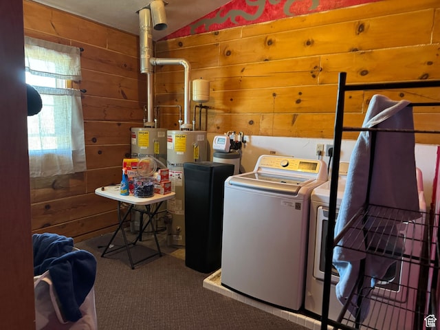 1777 W Palmyra Dr, Palmyra, UT 84660 - laundry room with washing machine and clothes dryer, strapped water heater, wooden walls, and carpet floors