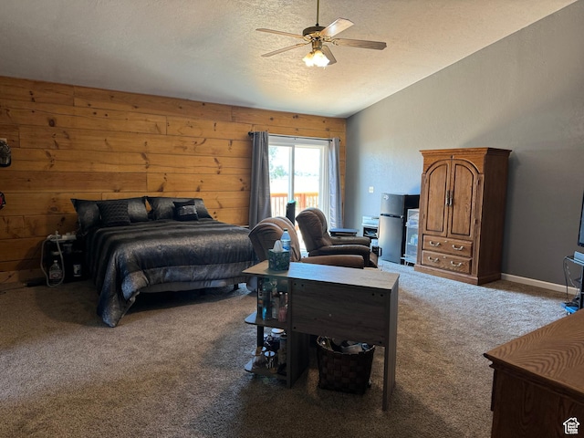 1777 W Palmyra Dr, Palmyra, UT 84660 - bedroom with carpet, vaulted ceiling, a textured ceiling, a ceiling fan, and wood walls