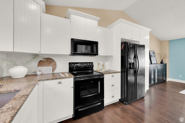 524 E 1200 S, Kaysville, UT 84037 - kitchen with black appliances, lofted ceiling, decorative backsplash, dark wood finished floors, and white cabinetry