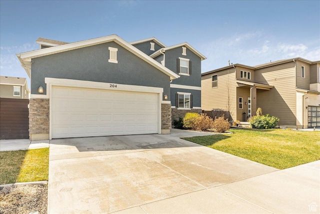 204 E 460 N, Vineyard, UT 84059 - view of front of property with stone siding, driveway, an attached garage, and a front yard