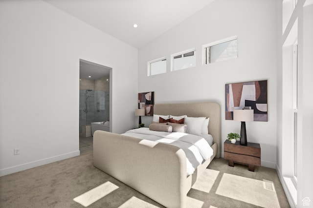 5472 N Valley View Rd W, Lehi, UT 84043 - carpeted bedroom featuring baseboards, recessed lighting, ensuite bath, and a high ceiling