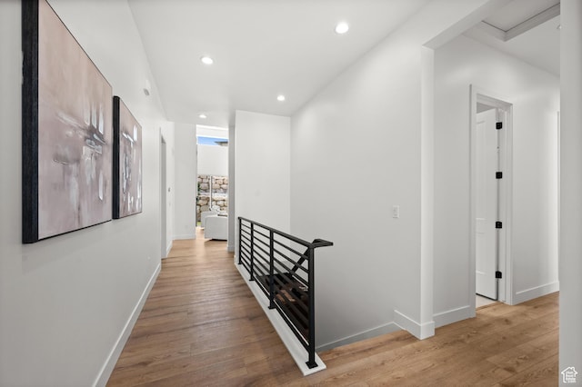 5472 N Valley View Rd W, Lehi, UT 84043 - corridor featuring an upstairs landing, light wood-style flooring, baseboards, and recessed lighting