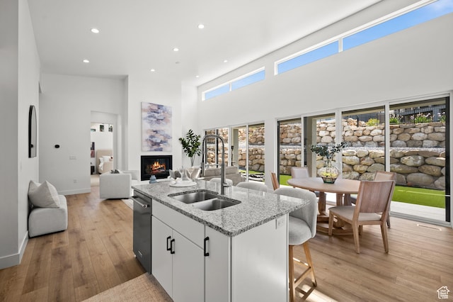 5472 N Valley View Rd W, Lehi, UT 84043 - kitchen with a sink, a warm lit fireplace, open floor plan, a kitchen island with sink, and light wood-style floors