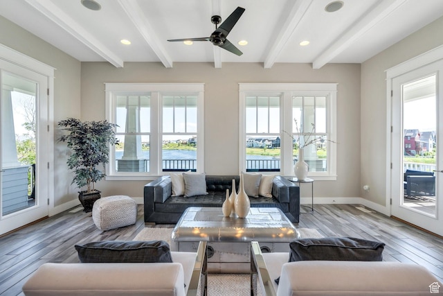 10764 S Felicity Ct, South Jordan, UT 84009 - living room featuring hardwood / wood-style floors, beam ceiling, baseboards, a ceiling fan, and recessed lighting