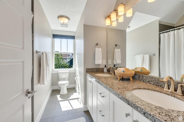 10764 S Felicity Ct, South Jordan, UT 84009 - full bathroom with double vanity, baseboards, toilet, tile patterned flooring, and a shower with curtain