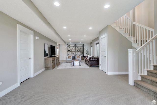 10764 S Felicity Ct, South Jordan, UT 84009 - unfurnished living room featuring carpet, baseboards, stairway, and recessed lighting