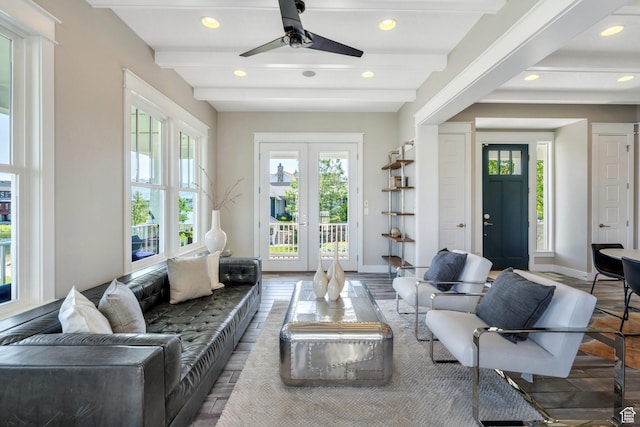 10764 S Felicity Ct, South Jordan, UT 84009 - living room with recessed lighting, baseboards, a ceiling fan, beamed ceiling, and wood finished floors