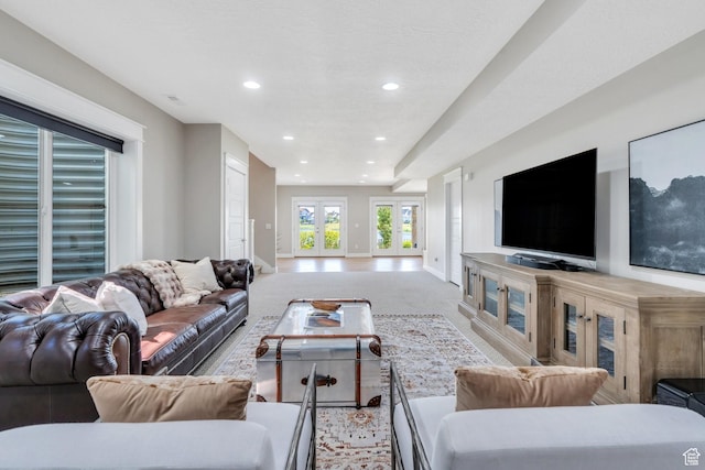 10764 S Felicity Ct, South Jordan, UT 84009 - living room featuring baseboards, recessed lighting, and light carpet