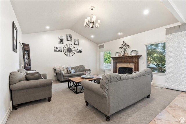 521 W Western Dr S, Kaysville, UT 84037 - living room with lofted ceiling, a chandelier, a high end fireplace, recessed lighting, and baseboards