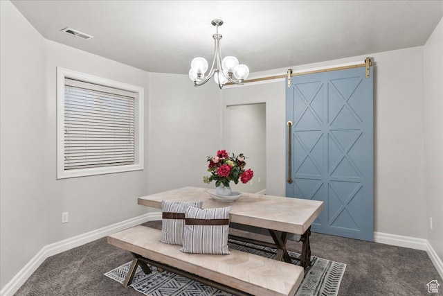 521 W Western Dr S, Kaysville, UT 84037 - dining space with dark colored carpet, a barn door, baseboards, and a chandelier