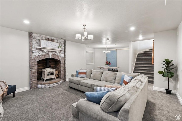 521 W Western Dr S, Kaysville, UT 84037 - living area featuring a chandelier, carpet flooring, a wood stove, stairway, and baseboards