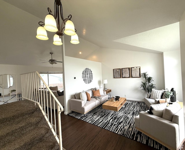 206 E Handcart Way, Sandy, UT 84070 - living room with wood finished floors, vaulted ceiling, a ceiling fan, baseboards, and a chandelier
