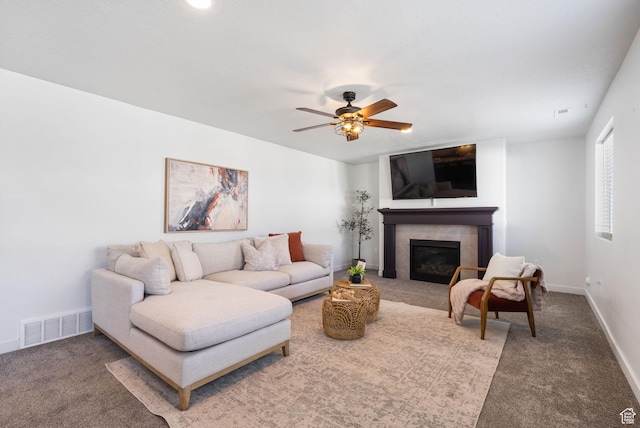 3456 S Linden Way, Syracuse, UT 84075 - living area featuring a glass covered fireplace, carpet floors, ceiling fan, and baseboards