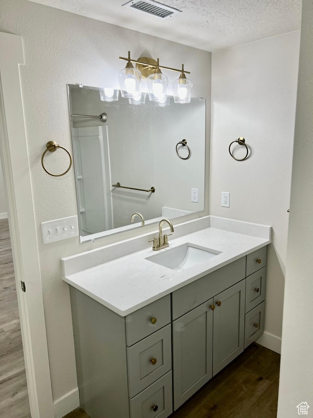 10861 N Panorama Dr, Highland, UT 84003 - bathroom with wood finished floors, vanity, baseboards, and a textured ceiling