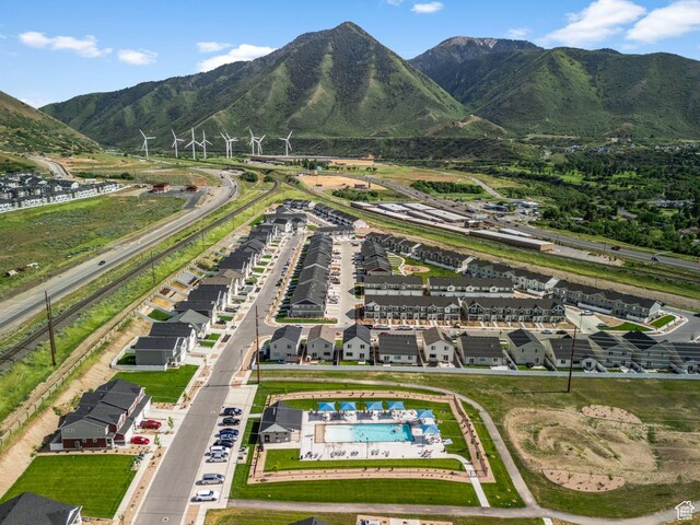1477 S 3750 E, Spanish Fork, UT 84660 - aerial overview of property's location featuring a pool and a mountain backdrop