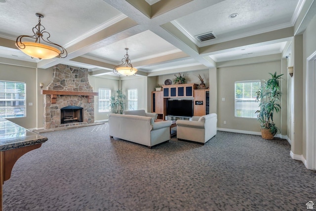1292 W Dallin Dr N, Pleasant Grove, UT 84062 - living area with carpet, healthy amount of natural light, ornamental molding, beam ceiling, and a fireplace