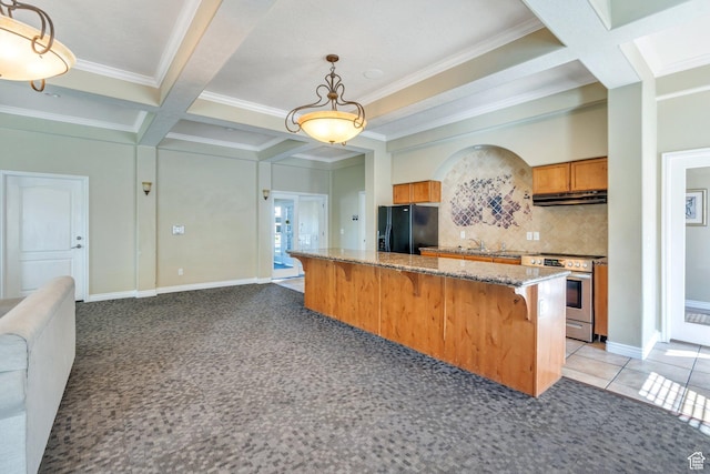 1292 W Dallin Dr N, Pleasant Grove, UT 84062 - kitchen with black refrigerator with ice dispenser, stainless steel range with electric cooktop, exhaust hood, coffered ceiling, and ornamental molding