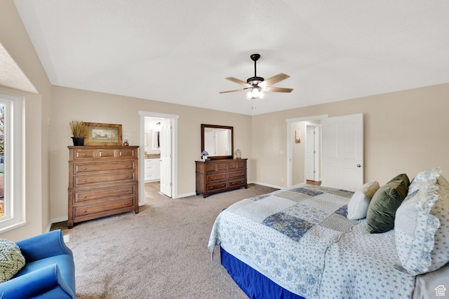 4234 W Swensen Farm Dr S, Riverton, UT 84096 - bedroom featuring light carpet, baseboards, a ceiling fan, and ensuite bathroom