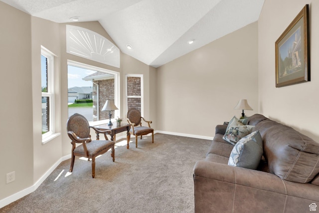 4234 W Swensen Farm Dr S, Riverton, UT 84096 - living room featuring carpet flooring, vaulted ceiling, and baseboards