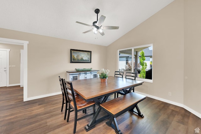 4234 W Swensen Farm Dr S, Riverton, UT 84096 - dining room featuring wood finished floors, a ceiling fan, baseboards, and high vaulted ceiling