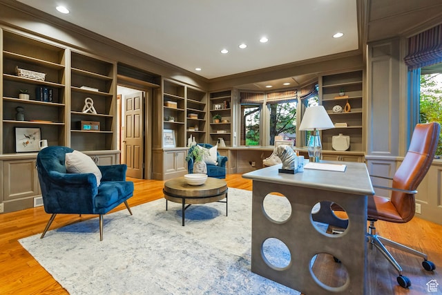 1358 E Tomahawk Dr N, Salt Lake City, UT 84103 - office space featuring ornamental molding, light wood-style floors, built in shelves, and recessed lighting