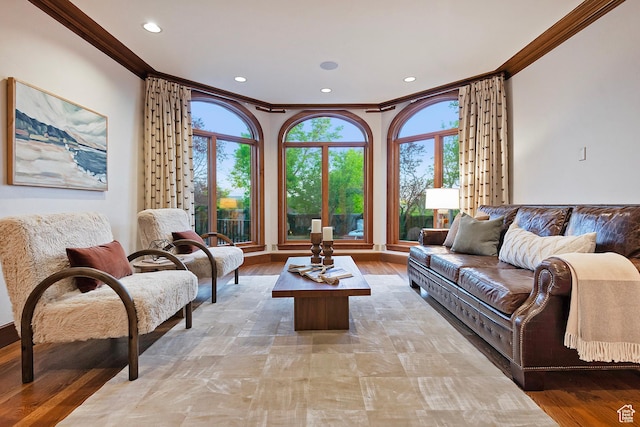 1358 E Tomahawk Dr N, Salt Lake City, UT 84103 - living room featuring crown molding, recessed lighting, and light wood finished floors
