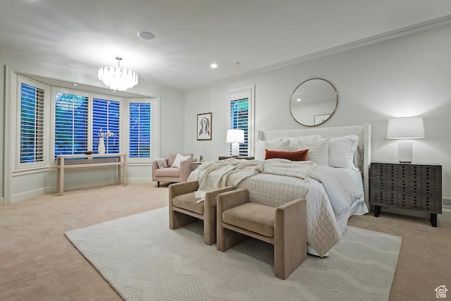 1358 E Tomahawk Dr N, Salt Lake City, UT 84103 - bedroom featuring crown molding, carpet floors, a chandelier, baseboards, and recessed lighting