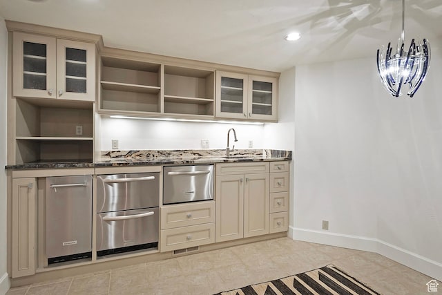 1358 E Tomahawk Dr N, Salt Lake City, UT 84103 - kitchen with open shelves, a sink, dark stone countertops, and dishwasher