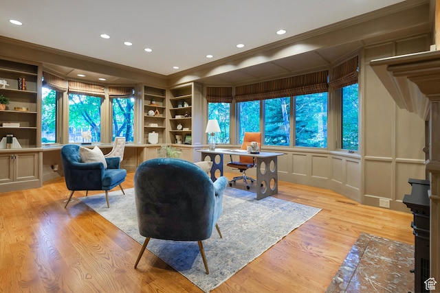 1358 E Tomahawk Dr N, Salt Lake City, UT 84103 - office featuring ornamental molding, plenty of natural light, light wood finished floors, built in features, and recessed lighting