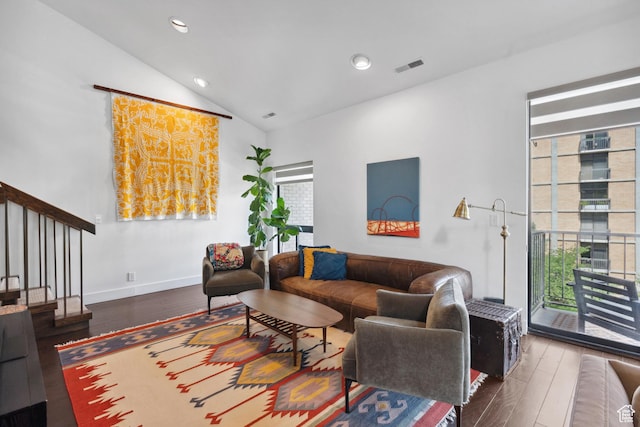 939 S Donner Way Unit 308, Salt Lake City, UT 84108 - living area featuring hardwood / wood-style flooring, lofted ceiling, recessed lighting, and baseboards