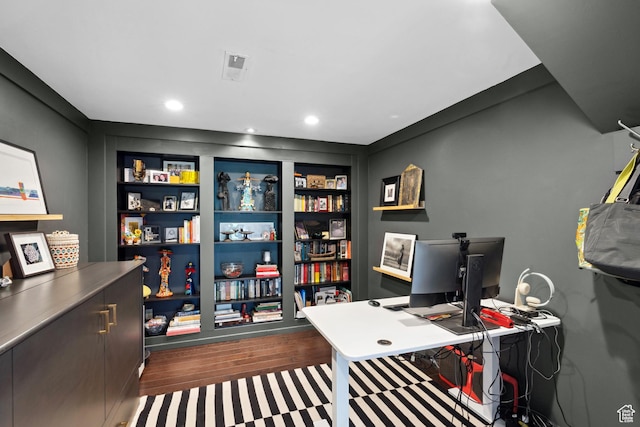 939 S Donner Way Unit 308, Salt Lake City, UT 84108 - home office with dark wood-style flooring, built in features, and recessed lighting