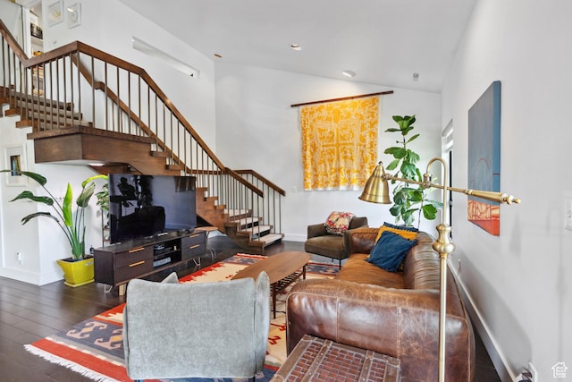 939 S Donner Way Unit 308, Salt Lake City, UT 84108 - living area with stairway, baseboards, wood finished floors, lofted ceiling, and recessed lighting
