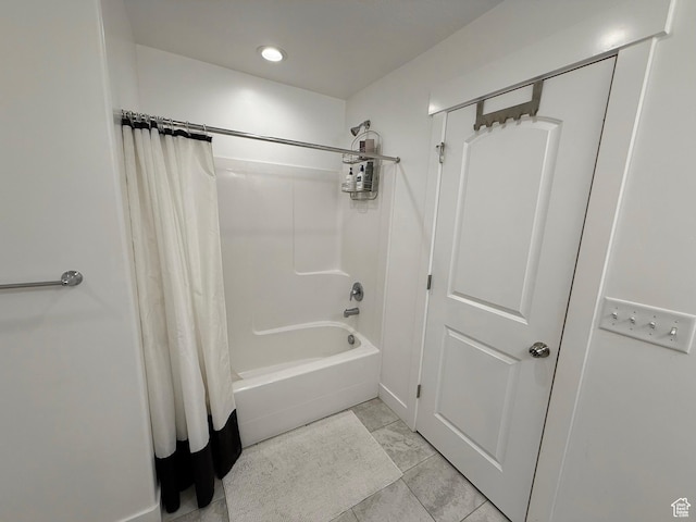 4323 W Burwell Ln, Herriman, UT 84096 - bathroom with shower / bath combination with curtain, recessed lighting, and tile patterned flooring