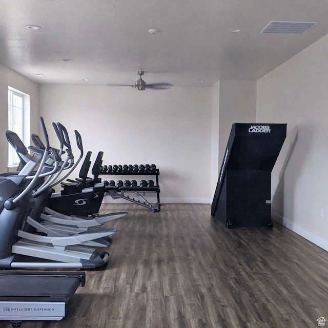 4323 W Burwell Ln, Herriman, UT 84096 - gym with wood finished floors, baseboards, and a ceiling fan