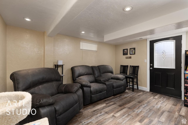 1132 E 360 S, Provo, UT 84606 - living area with wood finished floors, a textured wall, beamed ceiling, baseboards, and recessed lighting