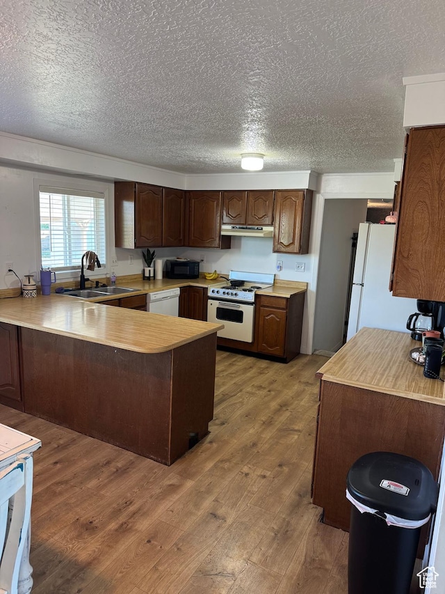 664 E Tamarix St, Delta, UT 84624 - kitchen featuring white appliances, a peninsula, hardwood / wood-style floors, a textured ceiling, and light countertops