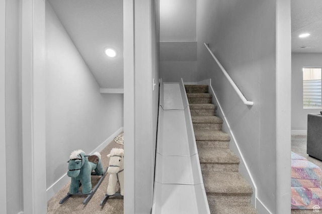 1608 W Gannett Dr, Saratoga Springs, UT 84045 - stairway with carpet flooring, recessed lighting, and baseboards