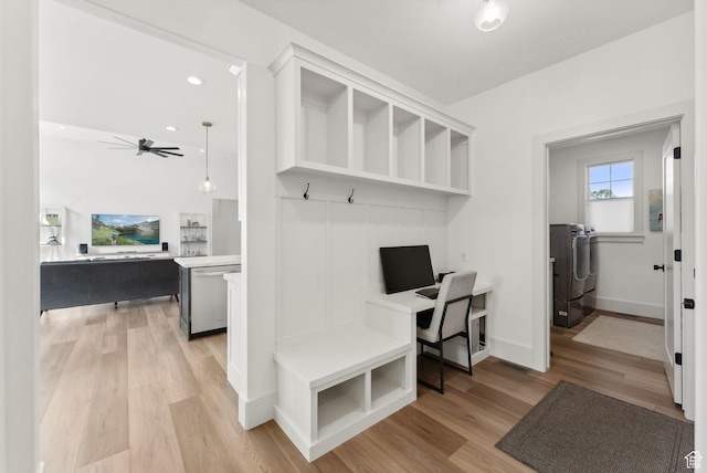 786 S 820 E, Pleasant Grove, UT 84062 - mudroom featuring washer and clothes dryer, light wood-style flooring, ceiling fan, baseboards, and recessed lighting