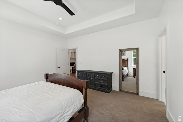 786 S 820 E, Pleasant Grove, UT 84062 - bedroom with light colored carpet, a tray ceiling, baseboards, a ceiling fan, and recessed lighting