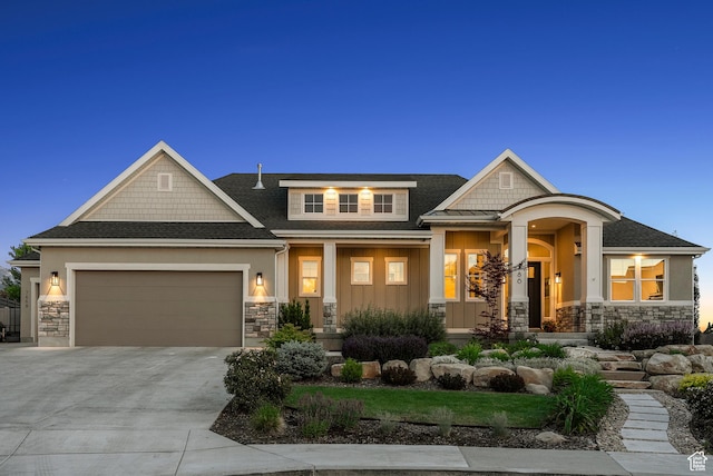 786 S 820 E, Pleasant Grove, UT 84062 - craftsman-style house with stone siding, a garage, a porch, driveway, and roof with shingles