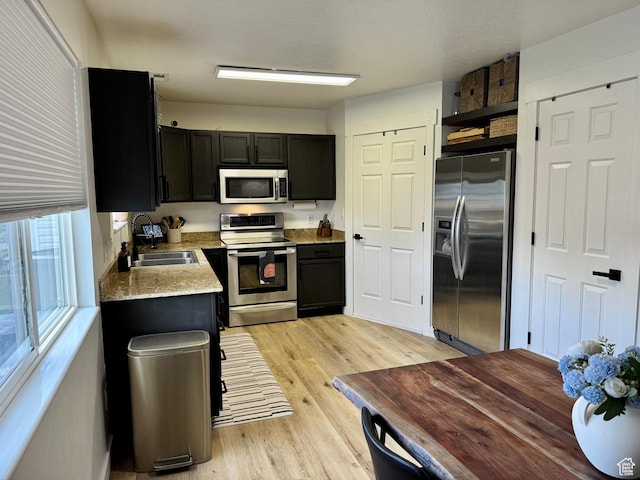 1720 N 2340 W, Lehi, UT 84043 - kitchen featuring appliances with stainless steel finishes, a sink, open shelves, light wood finished floors, and dark cabinets